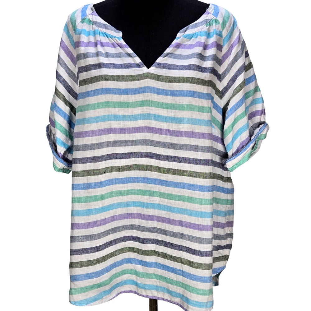Women's Talbots Large 100% Linen V-Neck Striped Roll-Tab Tunic Coastal Resort